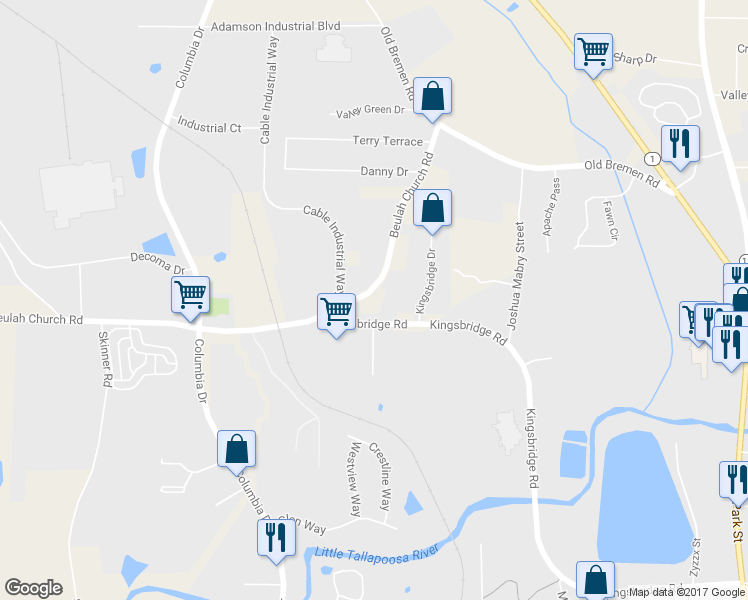 map of restaurants, bars, coffee shops, grocery stores, and more near 232 Beulah Church Road in Carrollton