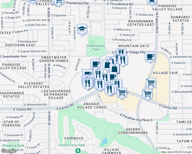 map of restaurants, bars, coffee shops, grocery stores, and more near 12621 North Paradise Village Parkway West in Phoenix