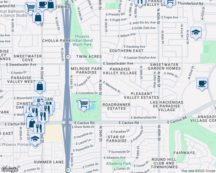 map of restaurants, bars, coffee shops, grocery stores, and more near 3623 East Marmora Street in Phoenix