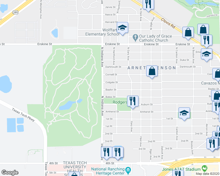 map of restaurants, bars, coffee shops, grocery stores, and more near 3312 Baylor Street in Lubbock