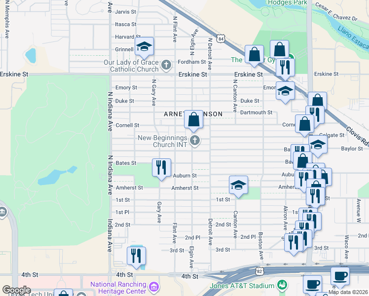 map of restaurants, bars, coffee shops, grocery stores, and more near 3008 Baylor Street in Lubbock