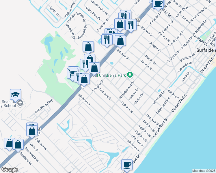 map of restaurants, bars, coffee shops, grocery stores, and more near 632 13th Avenue South in Surfside Beach