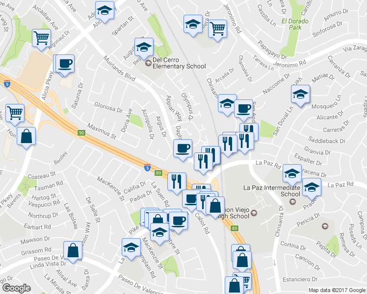 map of restaurants, bars, coffee shops, grocery stores, and more near 24825 Daphne West in Mission Viejo