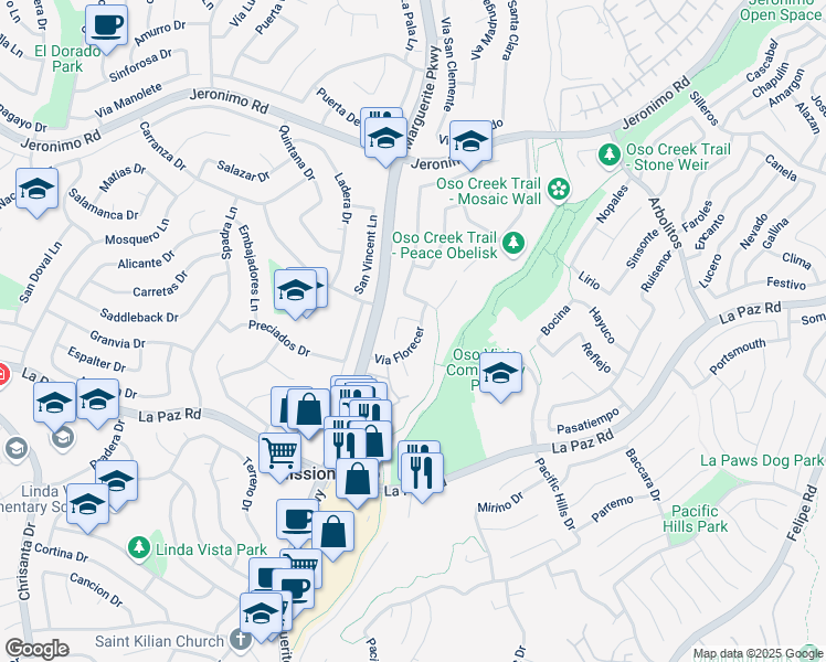 map of restaurants, bars, coffee shops, grocery stores, and more near 24884 Via Santa Cruz in Mission Viejo