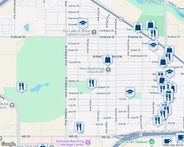 map of restaurants, bars, coffee shops, grocery stores, and more near 3110 Baylor Street in Lubbock