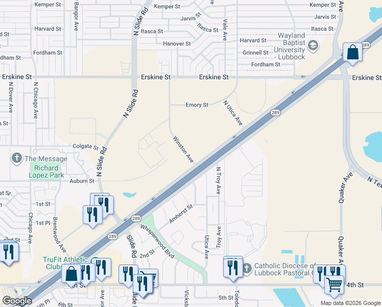 map of restaurants, bars, coffee shops, grocery stores, and more near 210 Winston Avenue in Lubbock