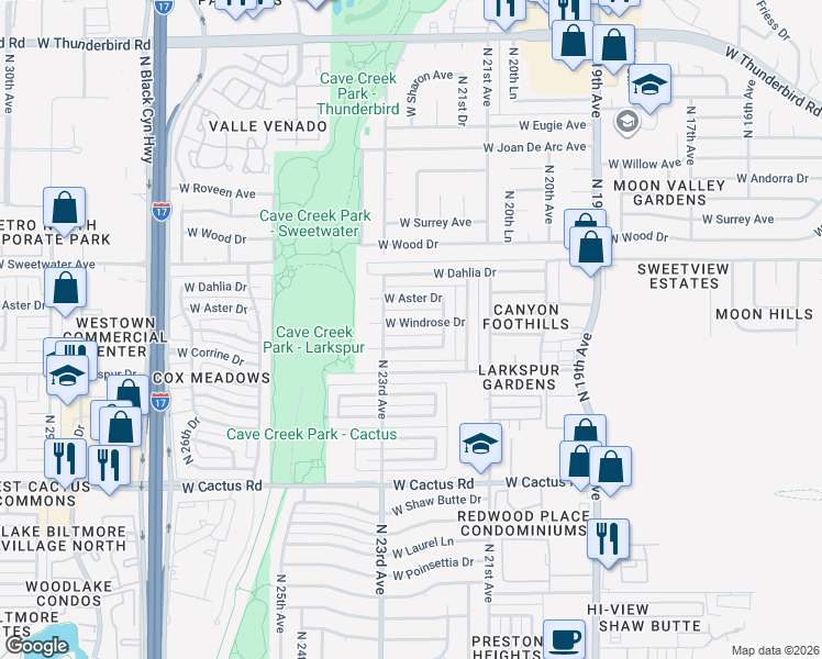 map of restaurants, bars, coffee shops, grocery stores, and more near 2233 West Windrose Drive in Phoenix