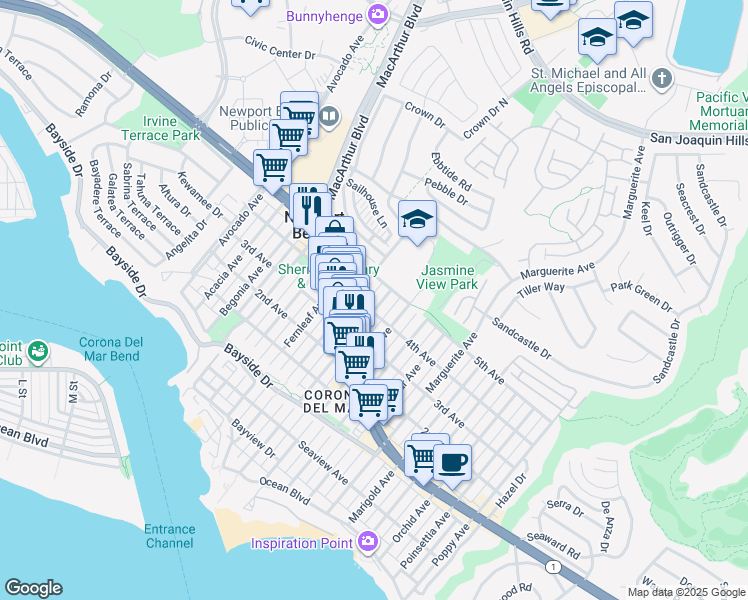 map of restaurants, bars, coffee shops, grocery stores, and more near 704 Goldenrod Avenue in Newport Beach
