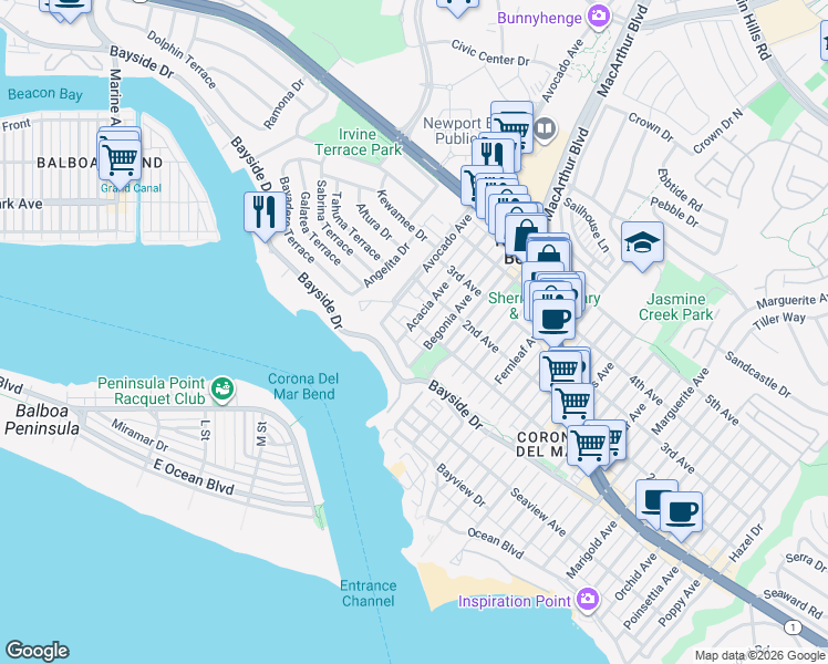 map of restaurants, bars, coffee shops, grocery stores, and more near 2220 Pacific Drive in Newport Beach