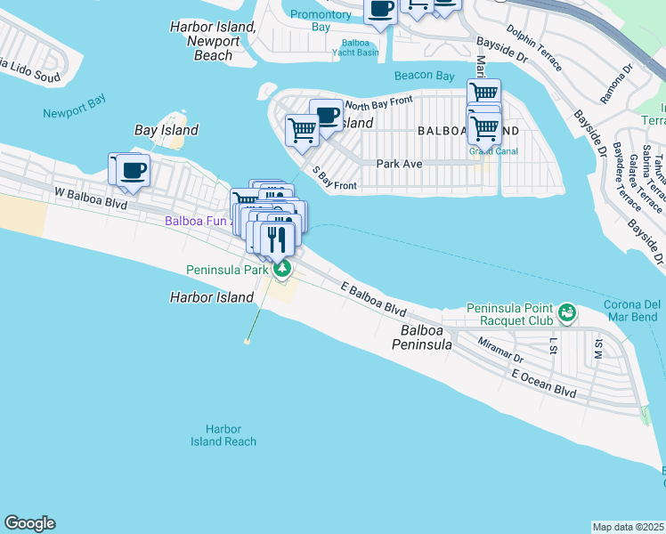 map of restaurants, bars, coffee shops, grocery stores, and more near 1000 East Balboa Boulevard in Newport Beach