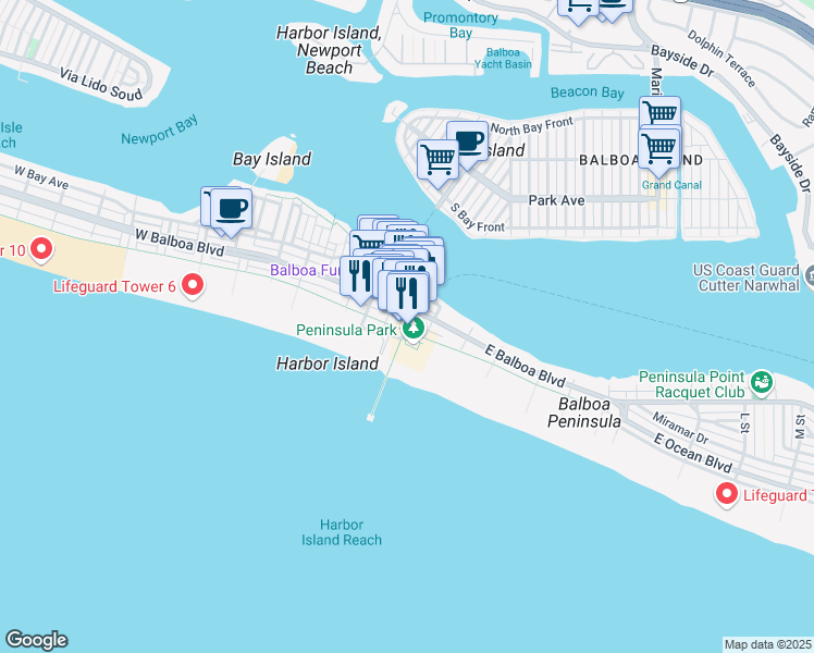 map of restaurants, bars, coffee shops, grocery stores, and more near 105 Main Street in Newport Beach