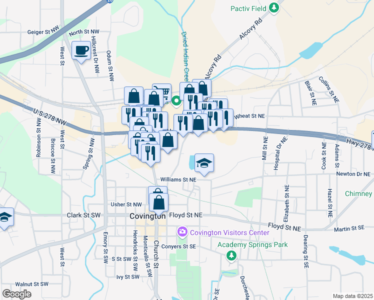 map of restaurants, bars, coffee shops, grocery stores, and more near Elm Street Northeast in Covington