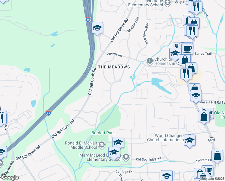 map of restaurants, bars, coffee shops, grocery stores, and more near 5754 Deerfield Trail in College Park