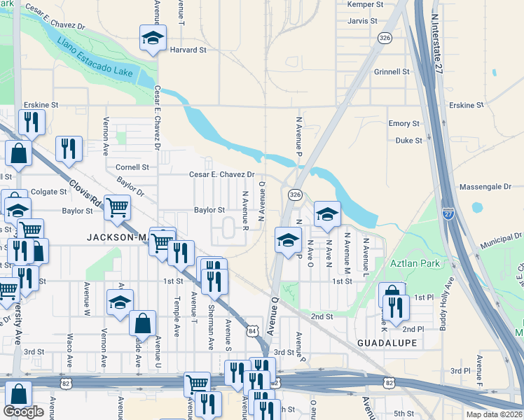 map of restaurants, bars, coffee shops, grocery stores, and more near 1700 Baylor Street in Lubbock