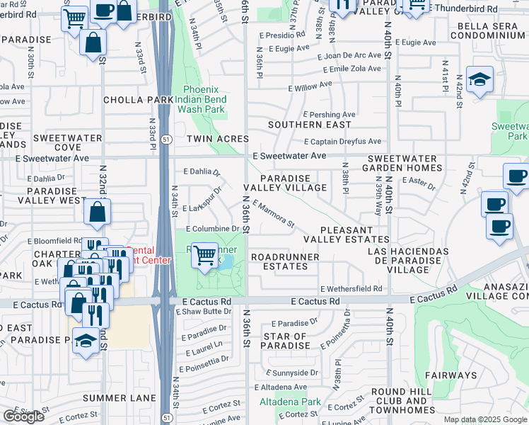 map of restaurants, bars, coffee shops, grocery stores, and more near 3623 East Marmora Street in Phoenix