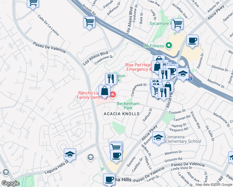 map of restaurants, bars, coffee shops, grocery stores, and more near 24851 Calle Carmel in Laguna Hills