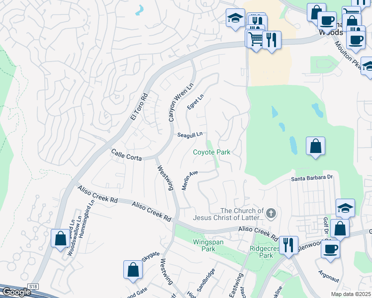 map of restaurants, bars, coffee shops, grocery stores, and more near 19 Solitaire Lane in Aliso Viejo