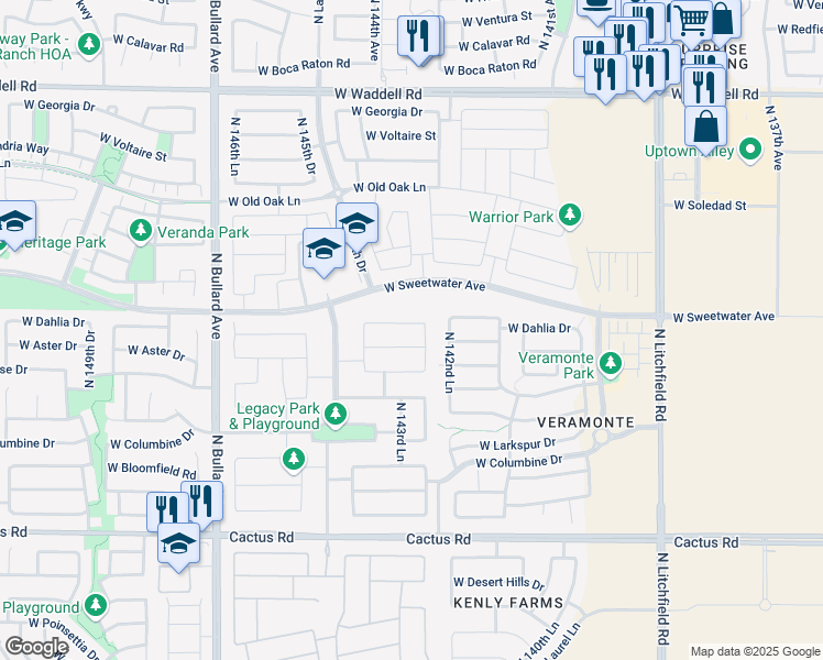 map of restaurants, bars, coffee shops, grocery stores, and more near 14377 West Dahlia Drive in Surprise