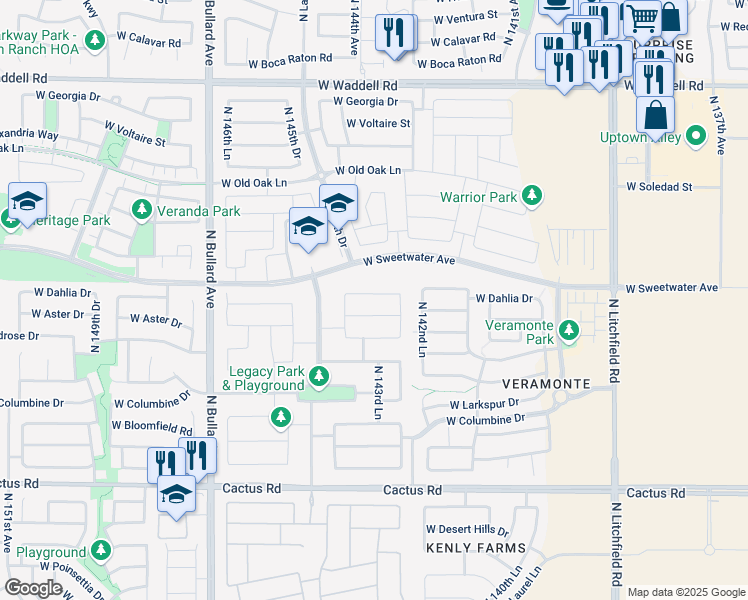 map of restaurants, bars, coffee shops, grocery stores, and more near 14377 West Dahlia Drive in Surprise