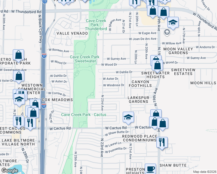 map of restaurants, bars, coffee shops, grocery stores, and more near 2233 West Windrose Drive in Phoenix