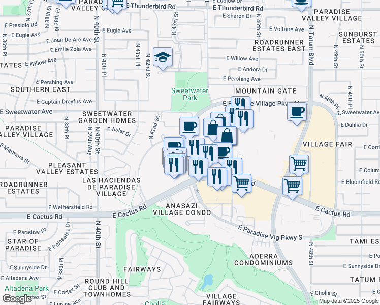map of restaurants, bars, coffee shops, grocery stores, and more near 12621 North Paradise Village Parkway West in Phoenix