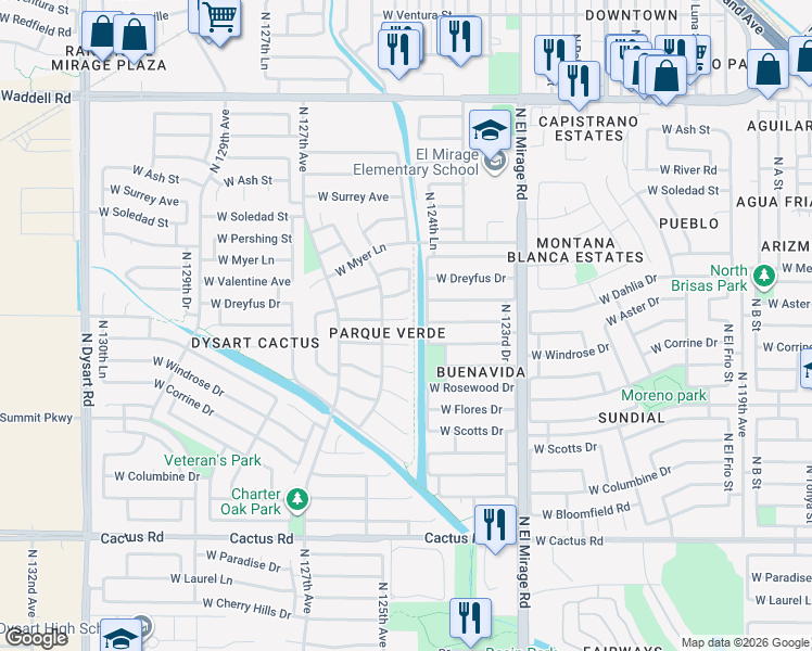 map of restaurants, bars, coffee shops, grocery stores, and more near 12505 West Aster Drive in El Mirage