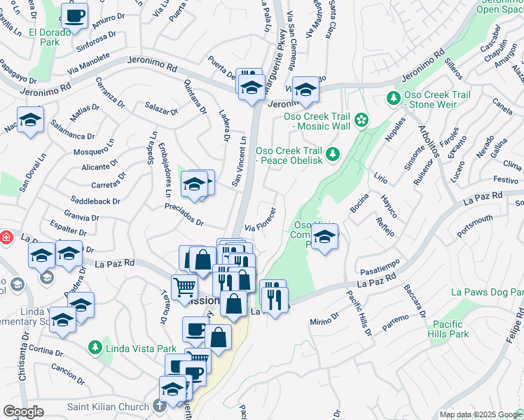 map of restaurants, bars, coffee shops, grocery stores, and more near 24884 Via Santa Cruz in Mission Viejo