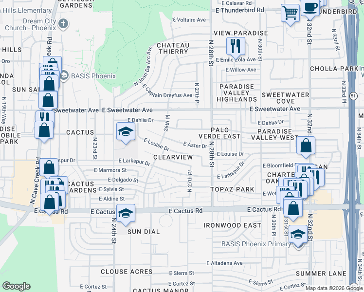 map of restaurants, bars, coffee shops, grocery stores, and more near 2711 East Aster Drive in Phoenix
