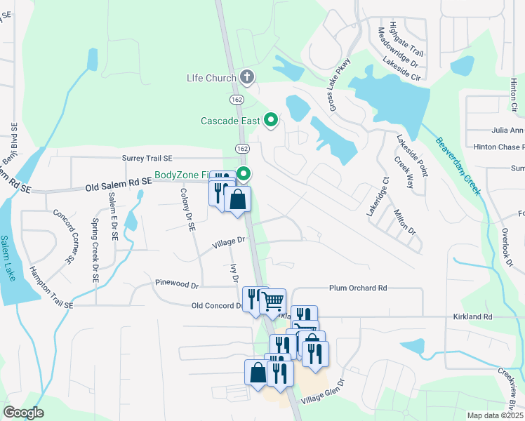 map of restaurants, bars, coffee shops, grocery stores, and more near 3214 Salem Cove Way Southeast in Conyers