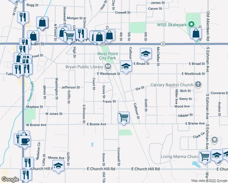 map of restaurants, bars, coffee shops, grocery stores, and more near 508 Commerce Street in West Point