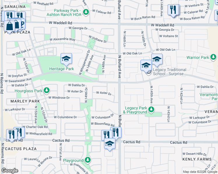 map of restaurants, bars, coffee shops, grocery stores, and more near 12955 North 147th Lane in Surprise