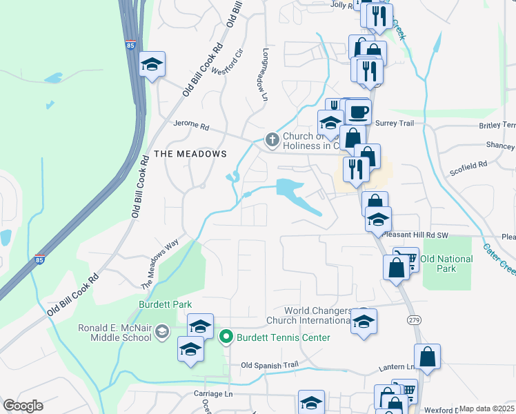 map of restaurants, bars, coffee shops, grocery stores, and more near 5626 One Lake Way in College Park