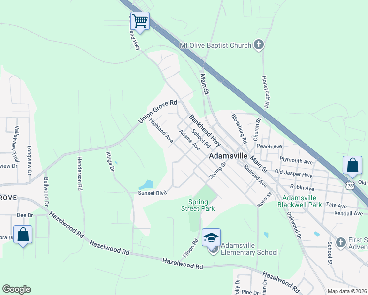 map of restaurants, bars, coffee shops, grocery stores, and more near 5208 Highland Avenue in Adamsville