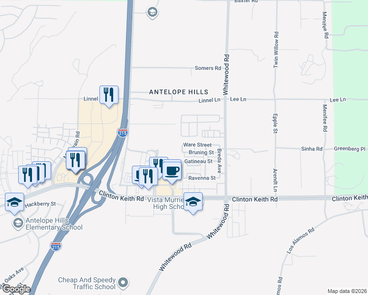 map of restaurants, bars, coffee shops, grocery stores, and more near 28335 Ware St in Murrieta