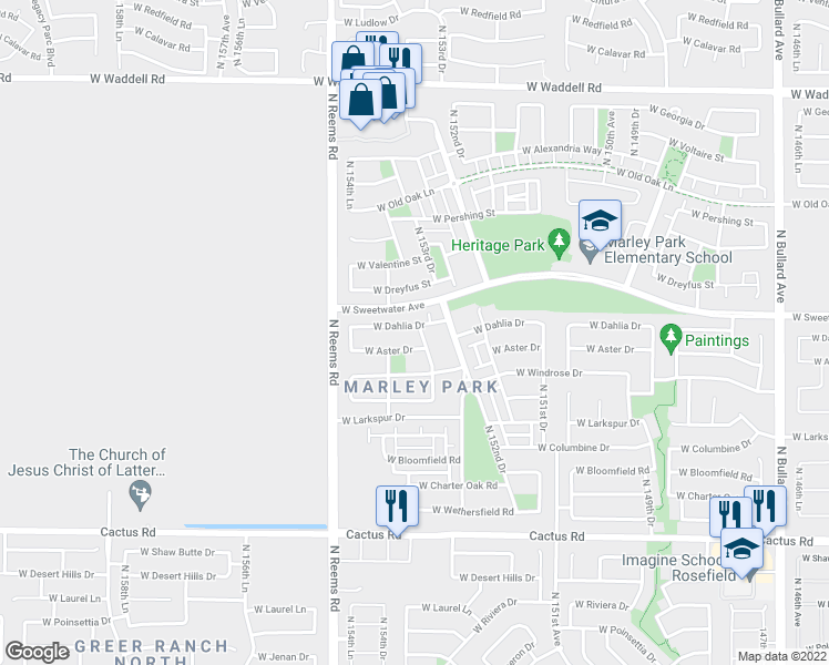 map of restaurants, bars, coffee shops, grocery stores, and more near 15353 West Dahlia Drive in Surprise
