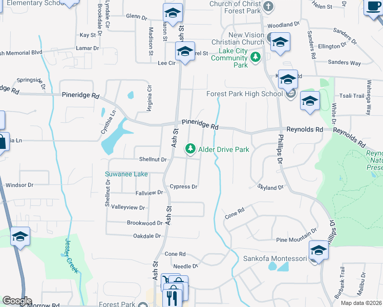 map of restaurants, bars, coffee shops, grocery stores, and more near 5602 Alder Drive in Forest Park