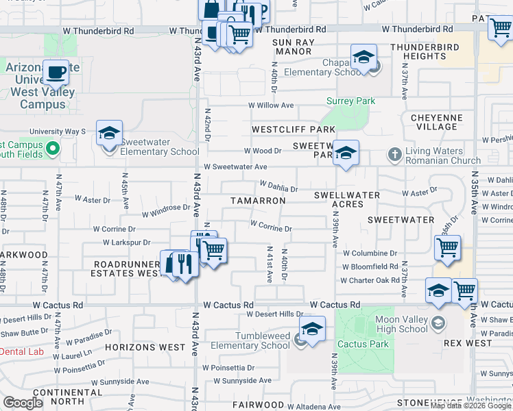map of restaurants, bars, coffee shops, grocery stores, and more near 4054 West Windrose Drive in Phoenix