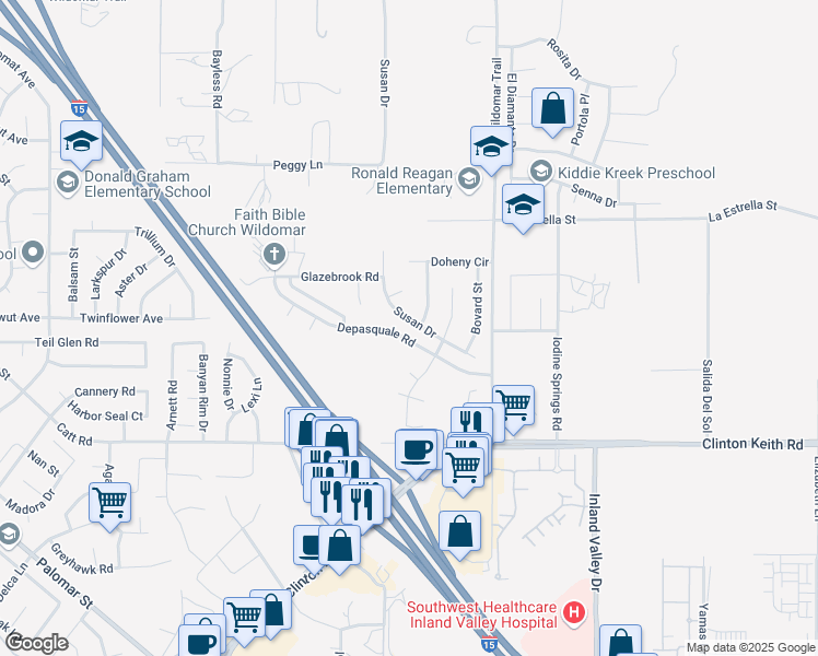 map of restaurants, bars, coffee shops, grocery stores, and more near 35745 Susan Drive in Wildomar