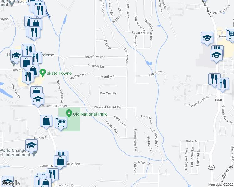 map of restaurants, bars, coffee shops, grocery stores, and more near 375 Fox Trail Drive in Atlanta
