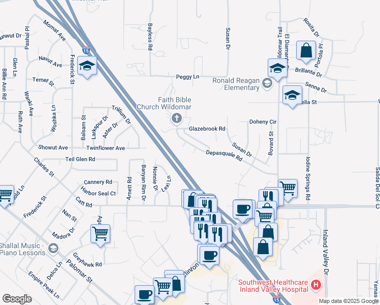map of restaurants, bars, coffee shops, grocery stores, and more near 35747 Murren Road in Wildomar
