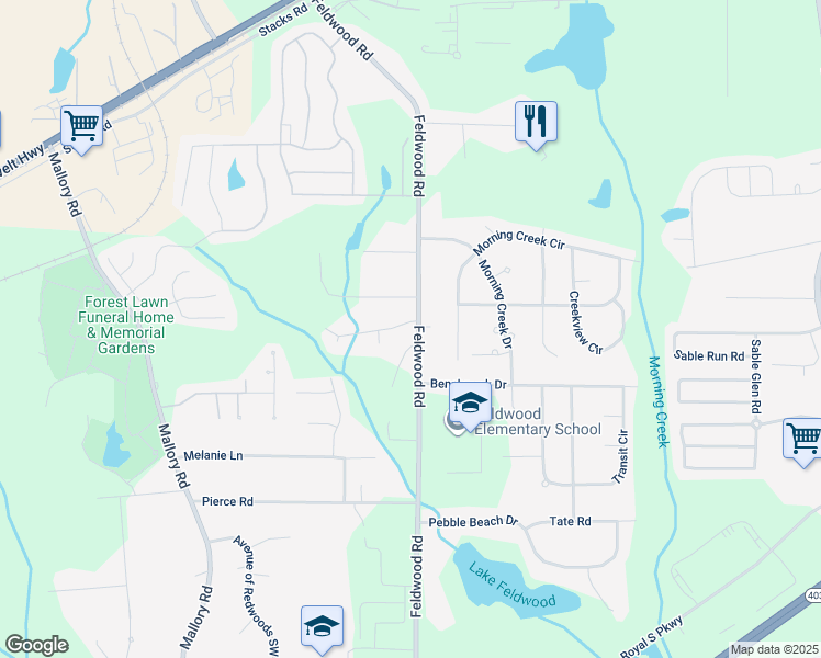 map of restaurants, bars, coffee shops, grocery stores, and more near 3900 Melanie Woods Drive in College Park