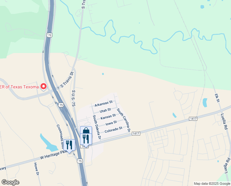 map of restaurants, bars, coffee shops, grocery stores, and more near 3005 South Carolina Drive in Sherman