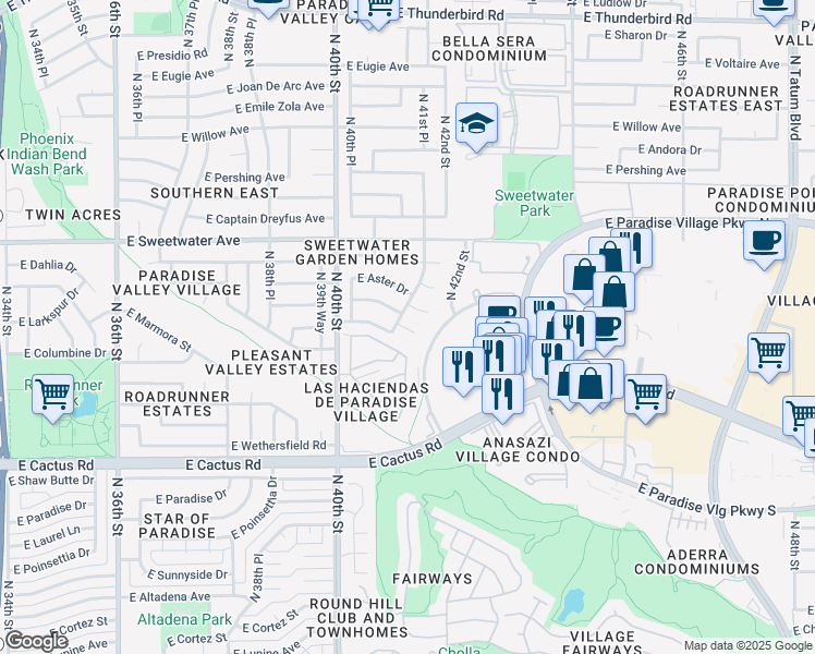 map of restaurants, bars, coffee shops, grocery stores, and more near 4104 East Louise Drive in Phoenix
