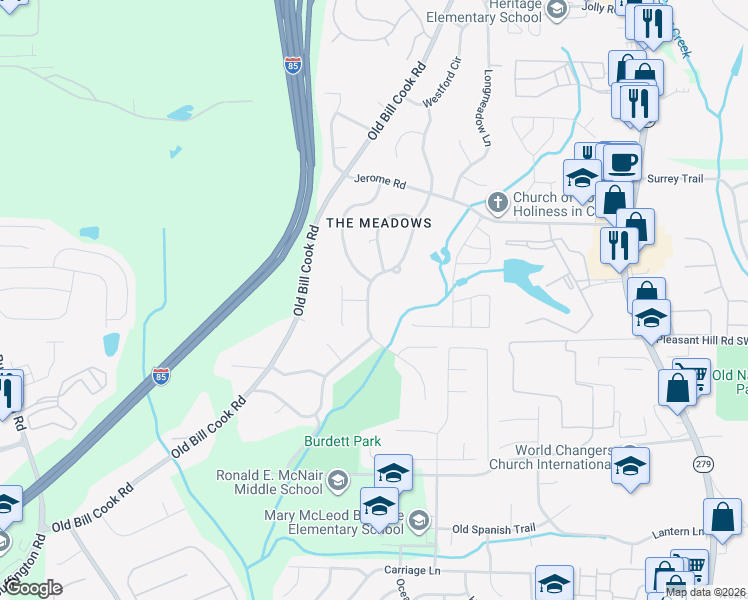 map of restaurants, bars, coffee shops, grocery stores, and more near 5754 Deerfield Trail in College Park
