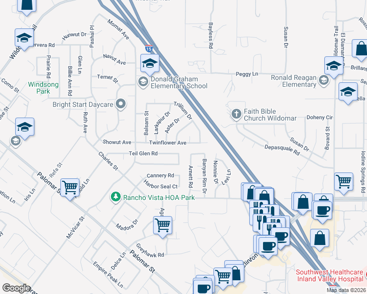 map of restaurants, bars, coffee shops, grocery stores, and more near 23195 Twinflower Avenue in Wildomar