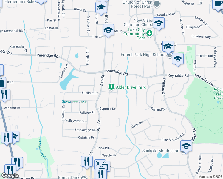 map of restaurants, bars, coffee shops, grocery stores, and more near 5602 Alder Drive in Forest Park