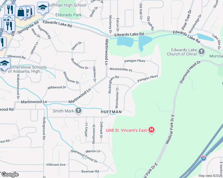 map of restaurants, bars, coffee shops, grocery stores, and more near 841 Rockingham Road in Birmingham