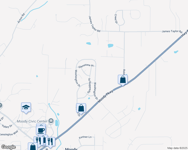 map of restaurants, bars, coffee shops, grocery stores, and more near 1119 Washington Drive in Moody