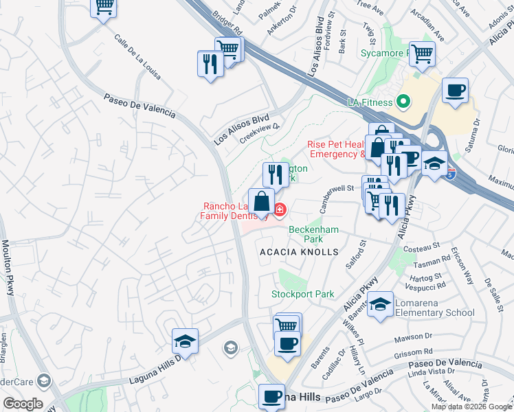 map of restaurants, bars, coffee shops, grocery stores, and more near 24841 Rittenhouse Circle in Laguna Hills