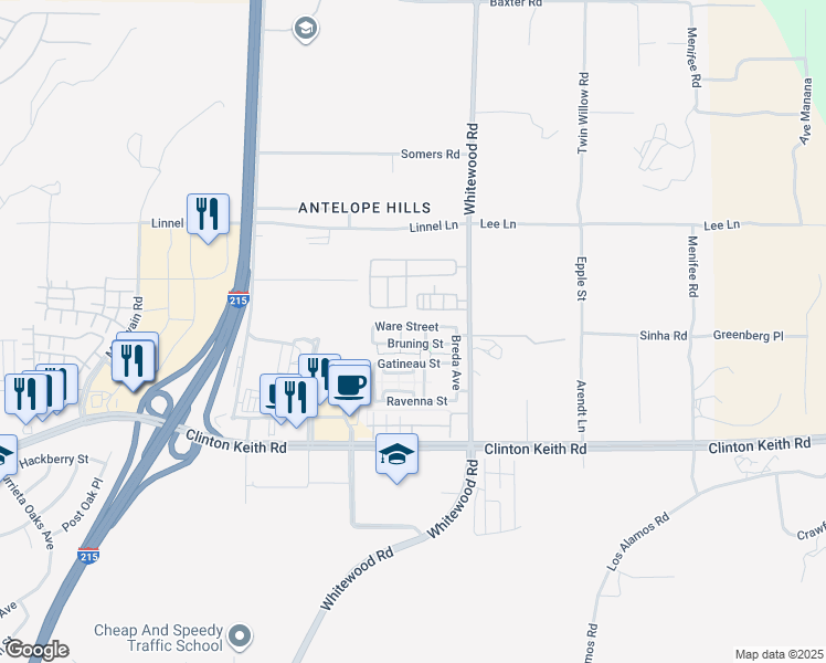 map of restaurants, bars, coffee shops, grocery stores, and more near 28399 Ware Street in Murrieta